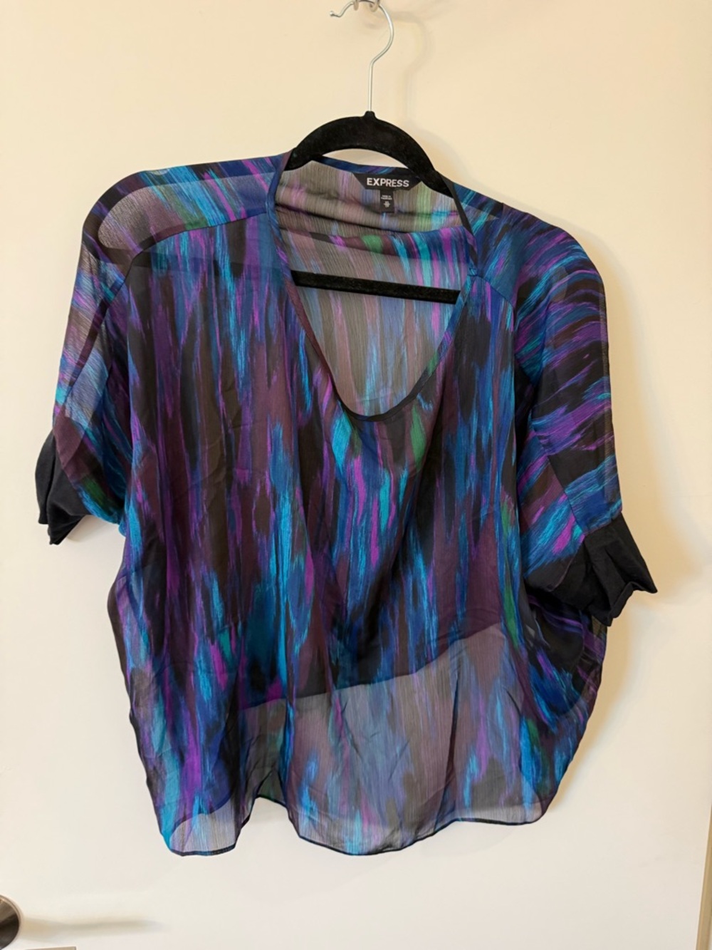 Express Sheer V-Neck Blouse - Purple, Blue, Black Brushstroke